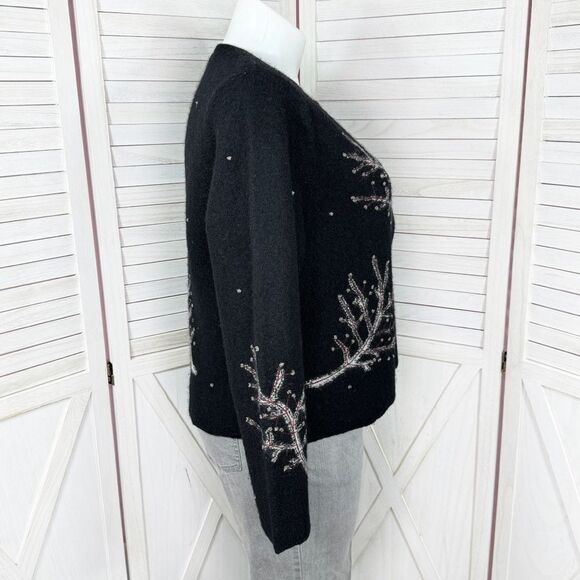 Frost Hand Knit Iced Tree Branches Beaded Wool Cardigan Sweater Black Large - Picture 3 of 11